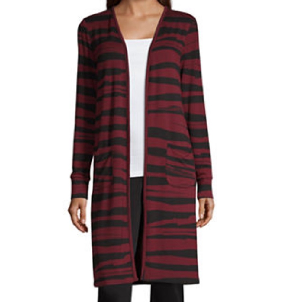 Liz Claiborne maroon and black zebra print long cardigan